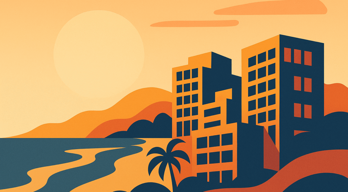 Abstract illustration of a Mediterranean coastal city skyline at sunset, decorative image