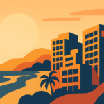 Abstract illustration of a Mediterranean coastal city skyline at sunset, decorative image