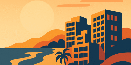 Abstract illustration of a Mediterranean coastal city skyline at sunset, decorative image