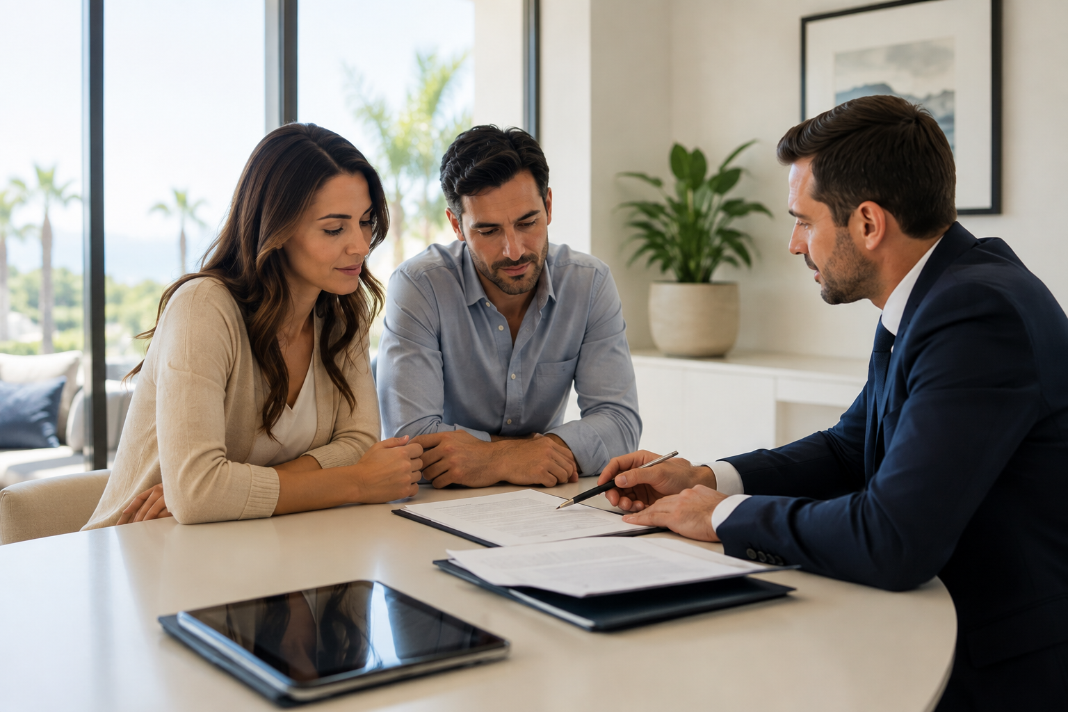 A couple reviewing the breakdown of purchase costs and taxes with their lawyer in a Marbella office