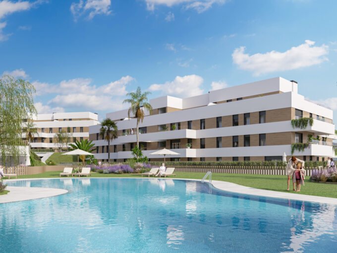 Communal swimming pool and sun deck at Cala Swing Mijas, Calanova Golf