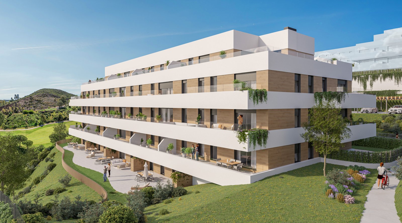 Frontline golf facade of the apartment blocks at Cala Swing Mijas, Calanova Golf