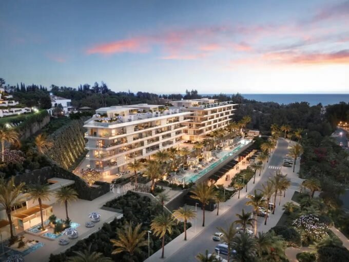 Aerial view of the development at sunset at Design Hills Dolce&Gabbana, Marbella Golden Mile