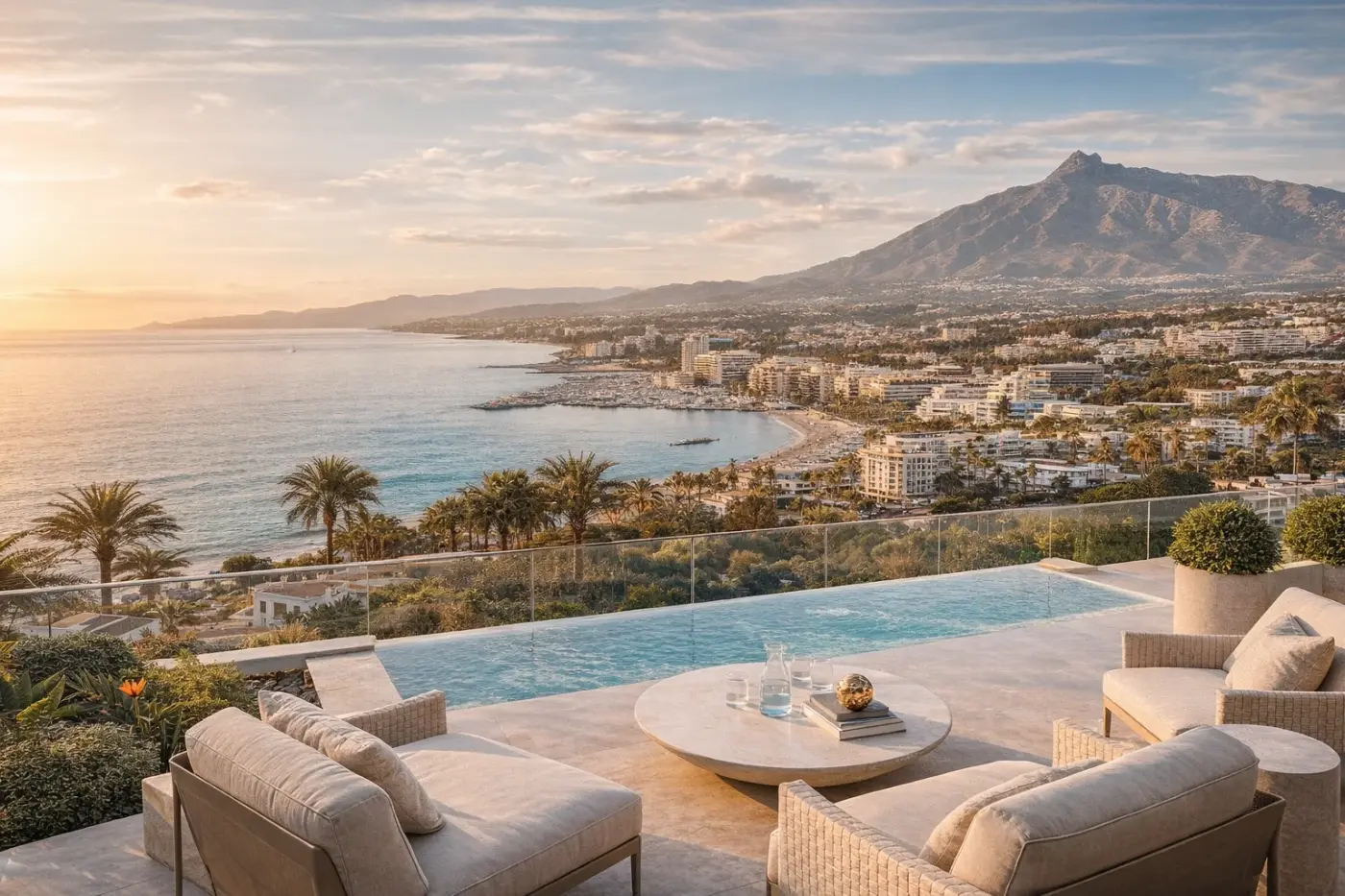 Financing a property in Spain: terrace of a luxury home overlooking Marbella and the Costa del Sol
