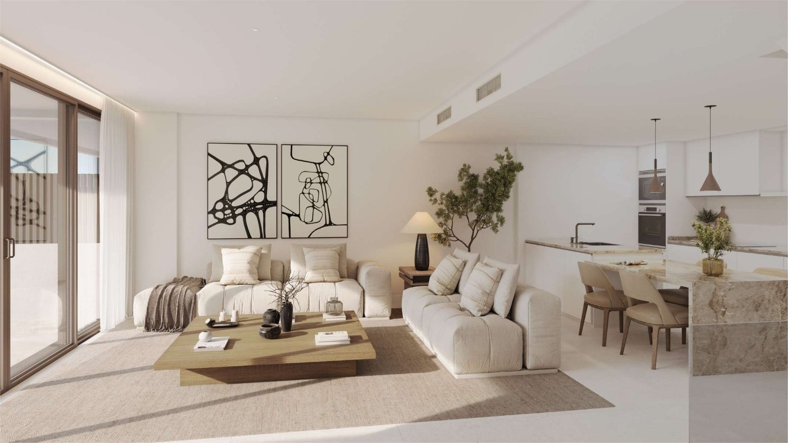 Open-plan living room and kitchen at KALA Residences, Fuengirola
