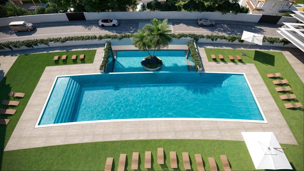 Communal infinity pool and sun terrace at Moon 64, Manilva