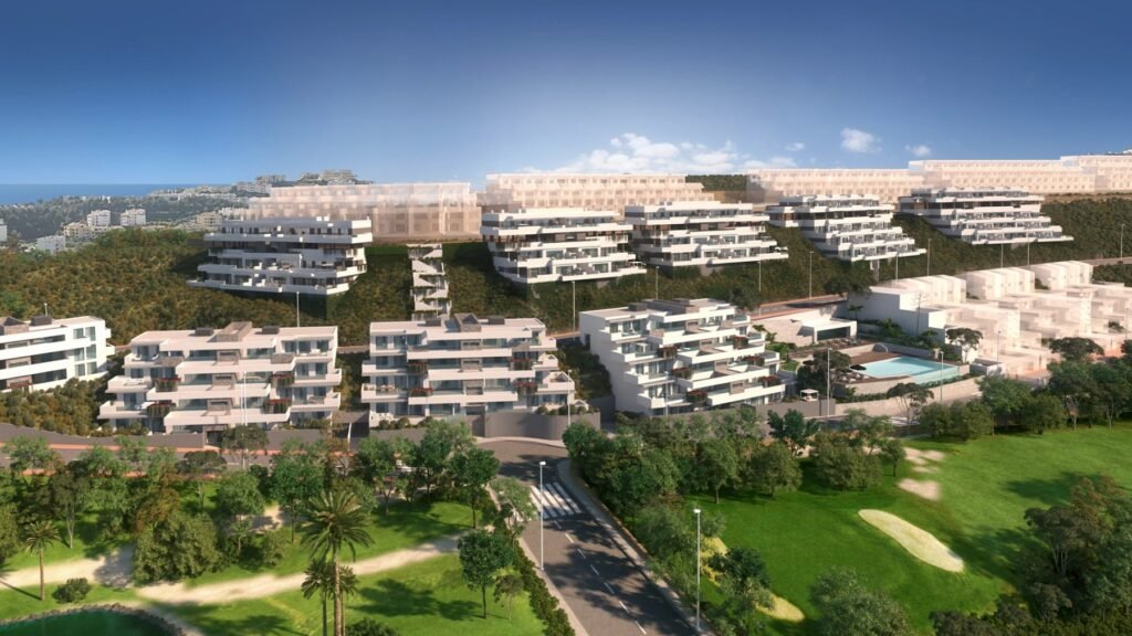 Aerial view of Navigolf Suites II beside Calanova Golf, La Cala de Mijas