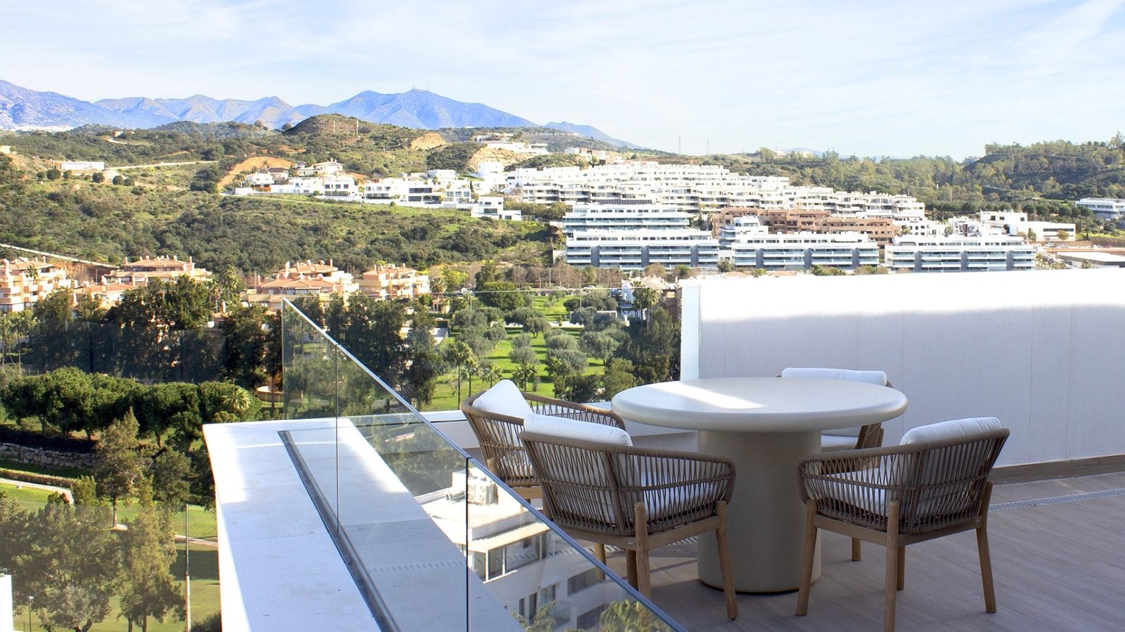 Terrace dining area with panoramic views at Navigolf Suites, La Cala de Mijas