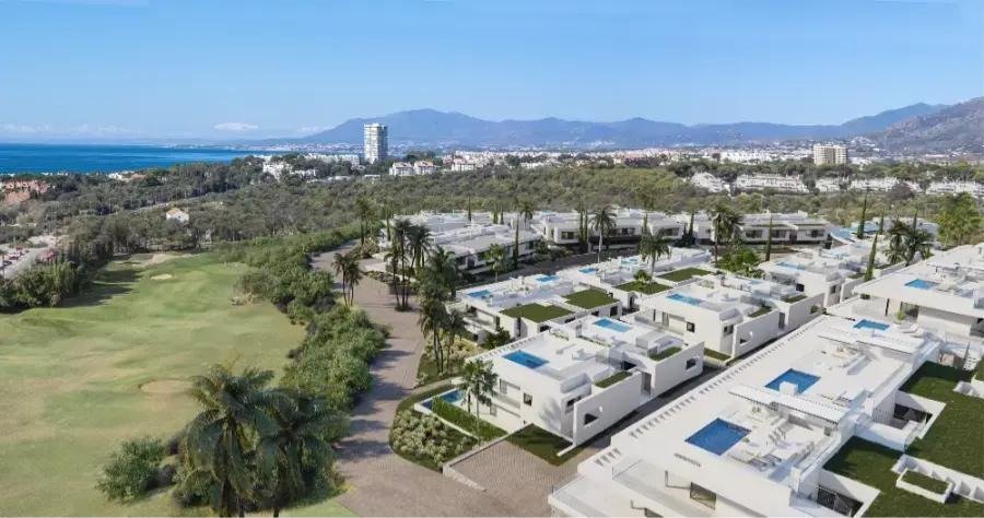 Aerial view over the golf course and the coastline in Marbella East