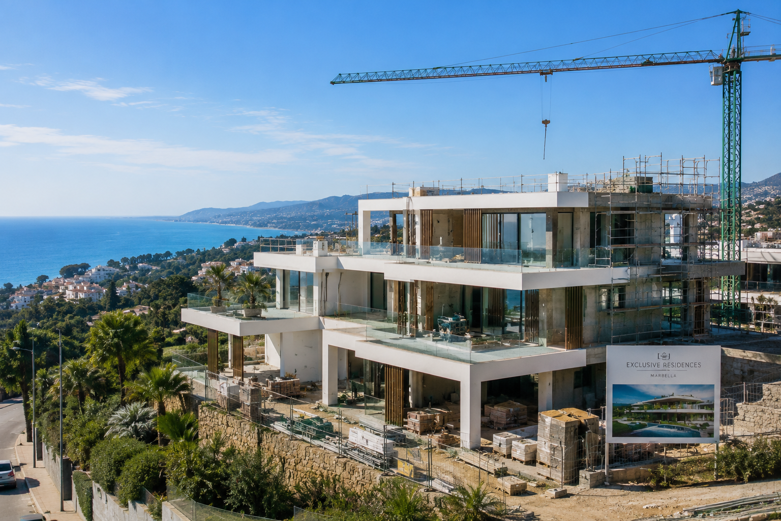 New-build luxury residences under construction above the coast in Marbella, with a crane and sea view