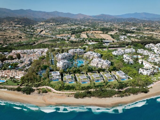 Aerial view of the beachfront villas and apartment blocks at SB by the Sea, Estepona