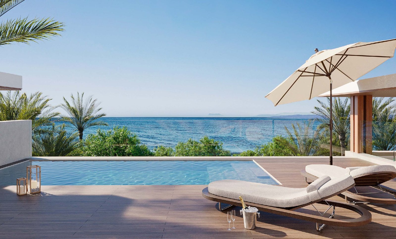 Private terrace with pool and sun loungers facing the sea at SB by the Sea, Estepona