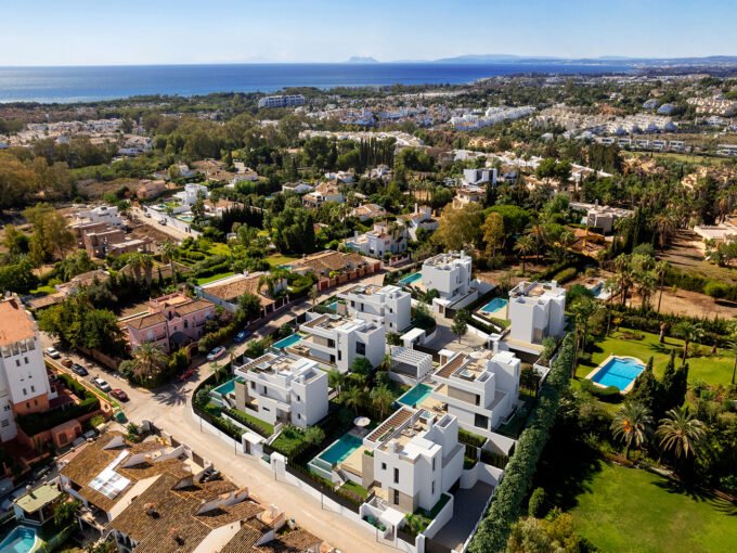 Aerial view of the seven detached villas at Seven Diamonds, Atalaya, Estepona
