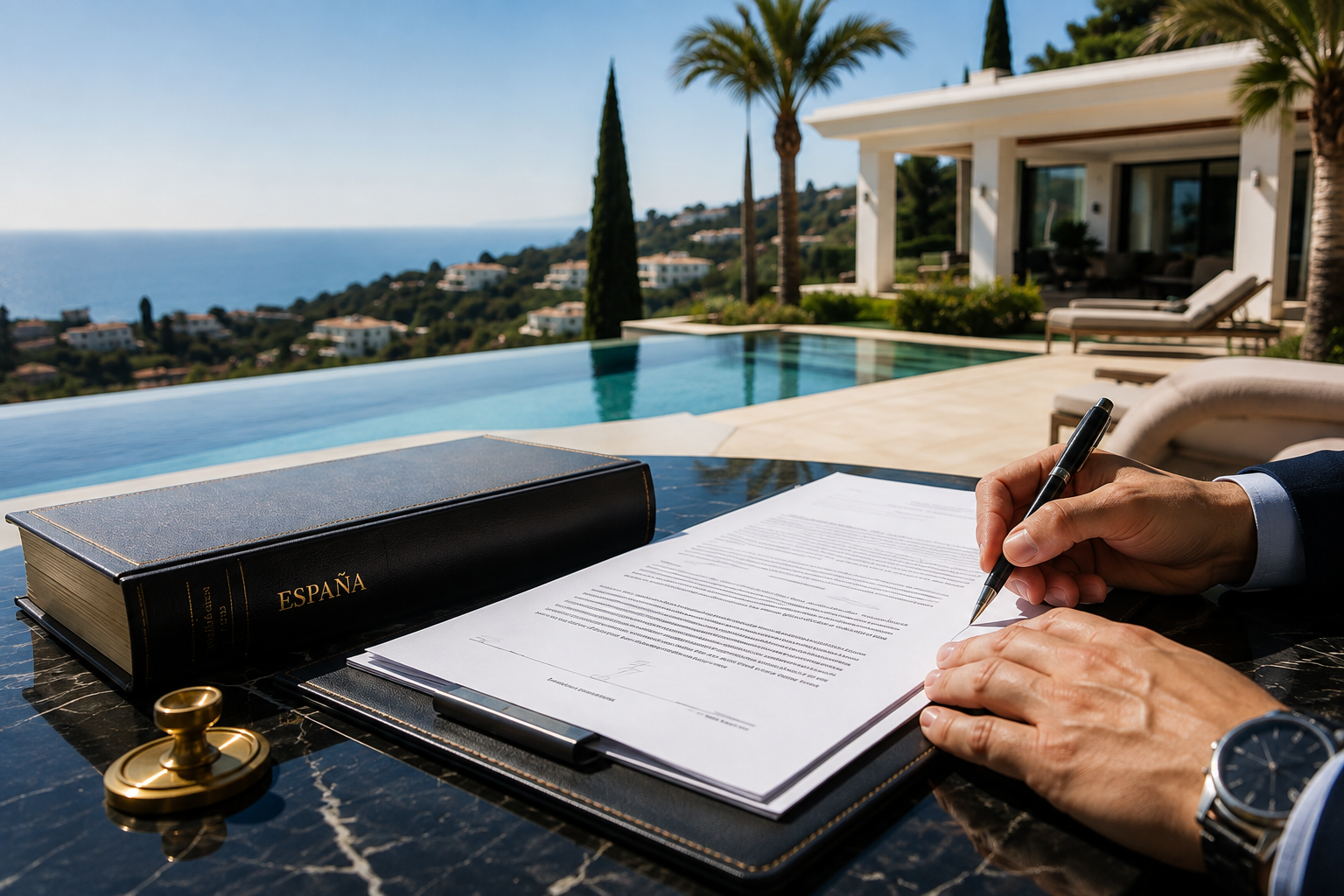 Buyer signing the escritura pública (title deed) at a notary appointment for a Marbella villa purchase