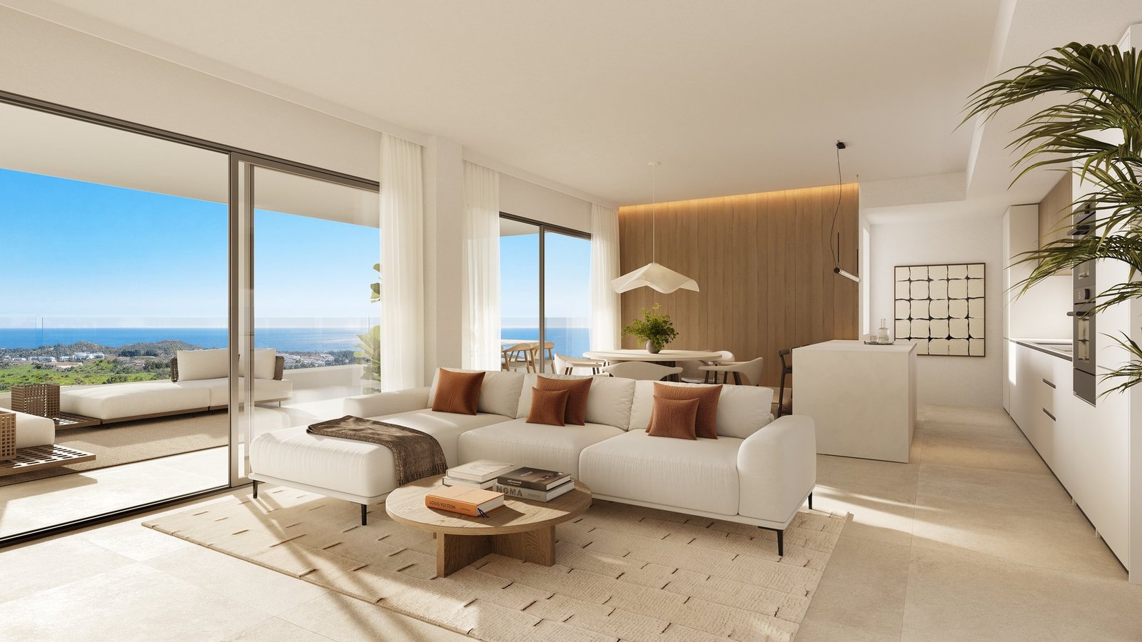 Open-plan living room and kitchen at The Eagle Residences, Mijas