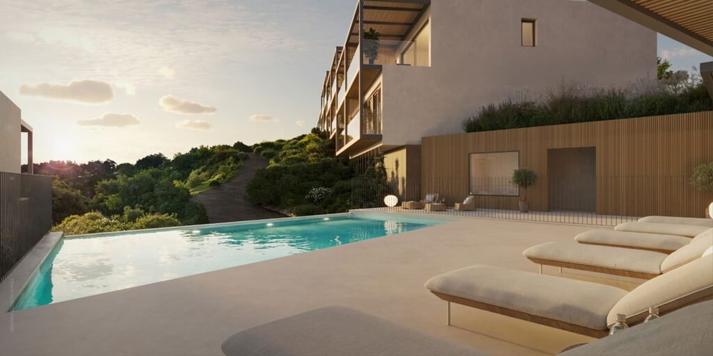 Communal areas and infinity pool at Veridian, El Higuerón, Fuengirola