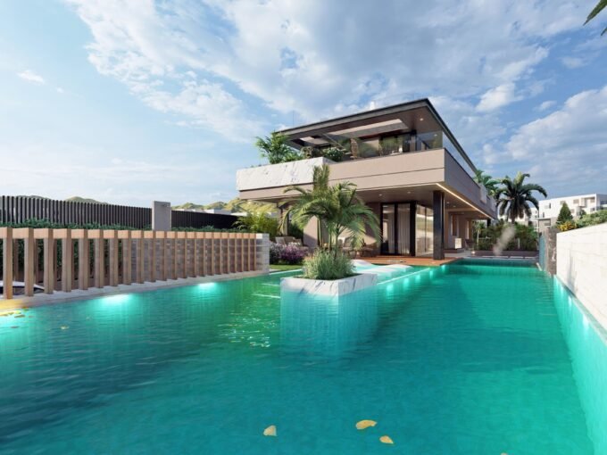 Saltwater swimming pool and villa facade at Villas Bellagio, El Higuerón