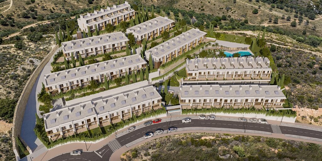 Aerial view of the Cala Serena Sun townhouses in La Cala de Mijas
