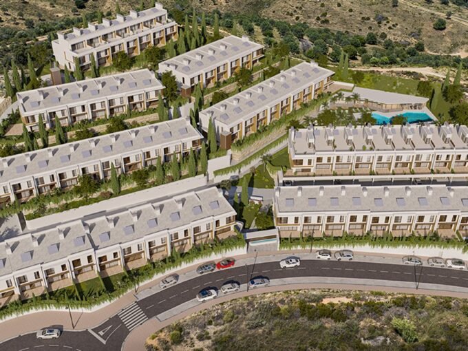 Aerial view of the gated townhouse development at Cala Serena Sun, La Cala de Mijas