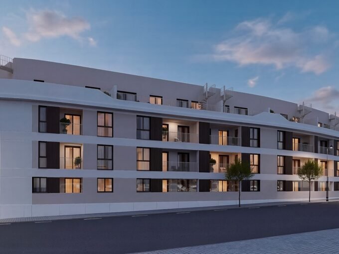 Facade of the residential building at dusk at Esencia, Mijas