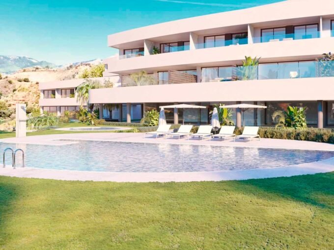 Communal pool and garden in front of the Sky Villas at Korall Residences, Fuengirola