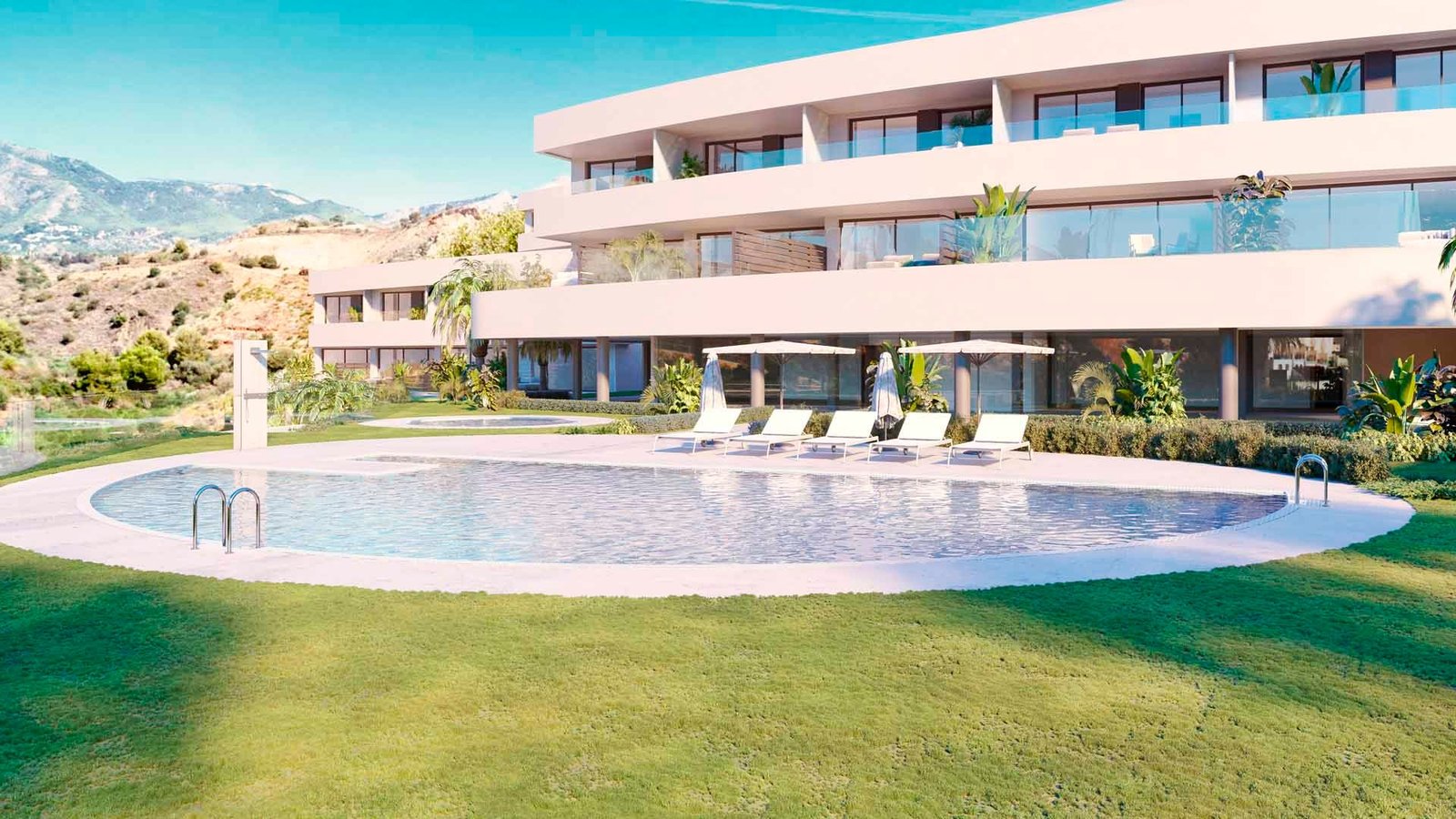 Communal pool and garden in front of the Sky Villas at Korall Residences, Fuengirola