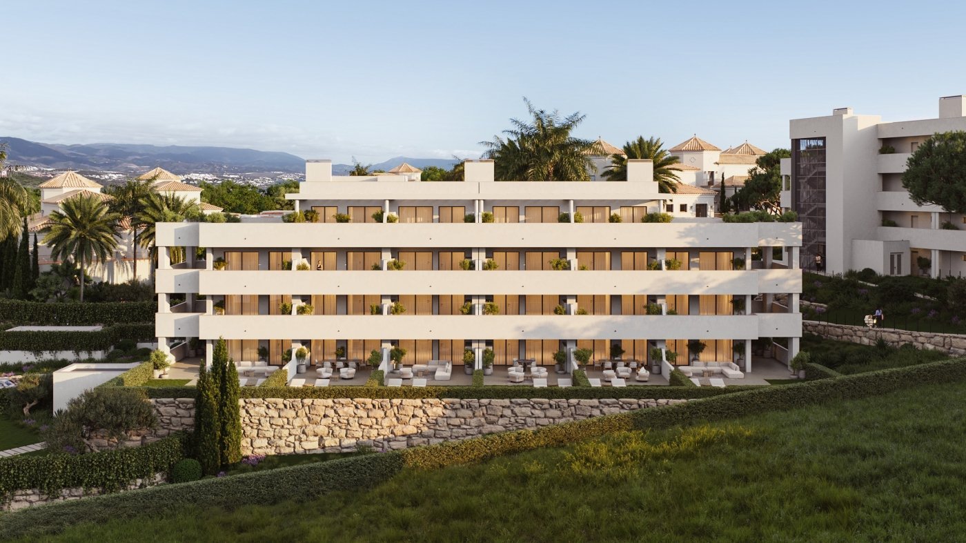 Block facade with landscaped gardens at Altos de Manilva, Manilva
