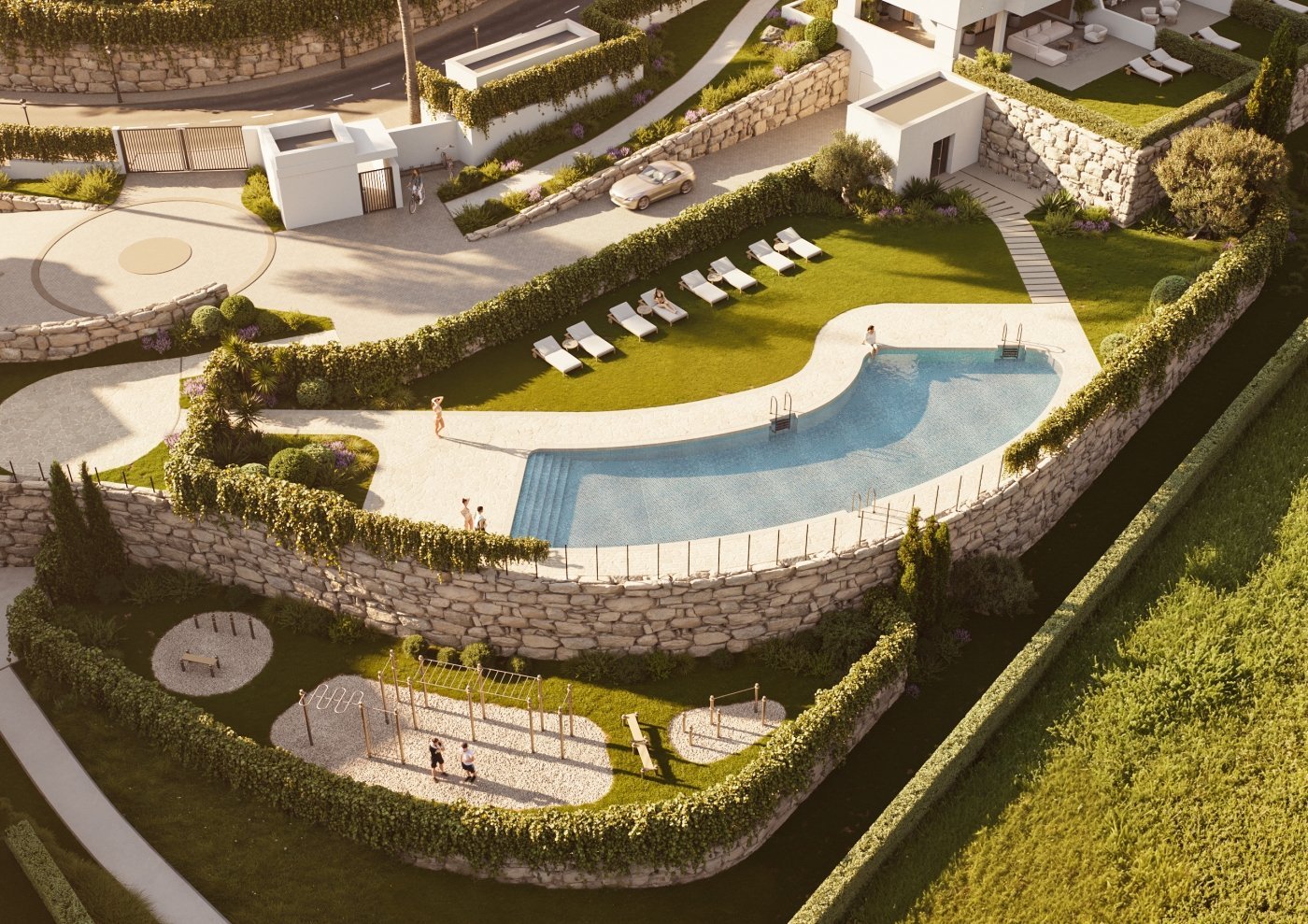 Aerial view of the communal pool at Altos de Manilva, Manilva