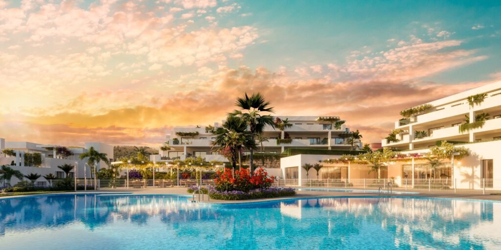 Communal swimming pool at sunset with the apartment blocks at Amaranta Living, Casares