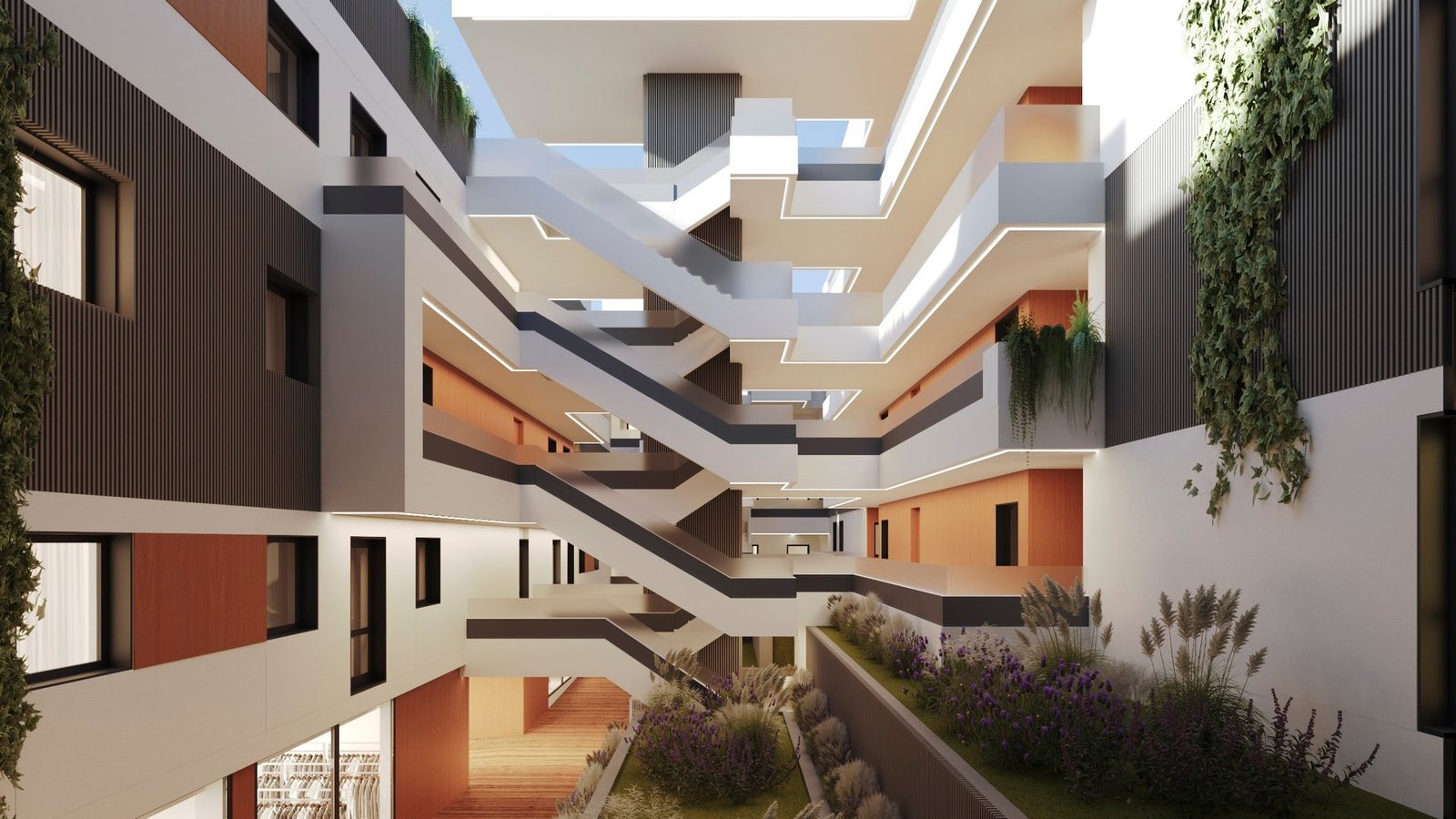 Landscaped central courtyard at Armonía, San Pedro de Alcántara