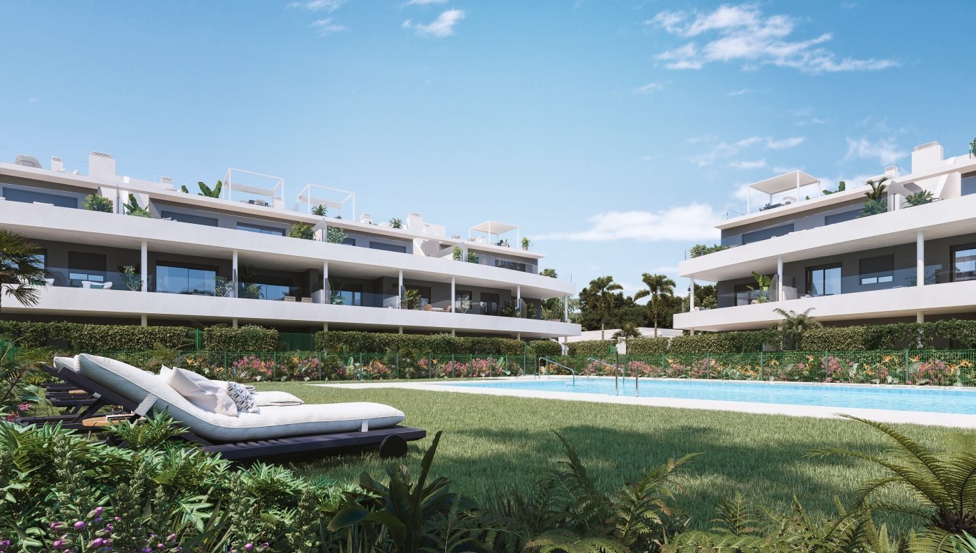 Low-rise blocks and communal pool at Natura Estepona, Estepona