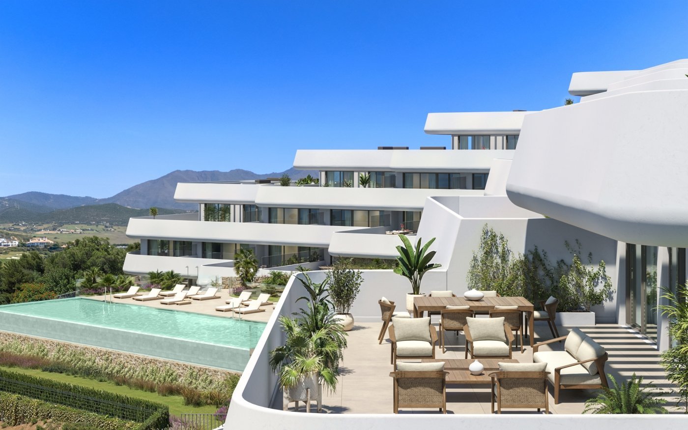 Communal infinity pool and solarium at Skye Casares Golf, Casares